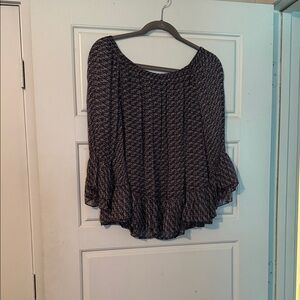 Lucky Brand Black Patterned Ruffle Hem Peasant Top
